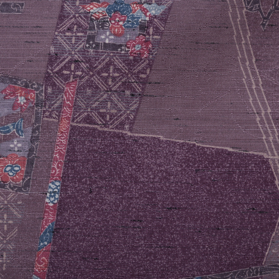 未使用品 紬 単衣 身丈158cm 裄丈63cm 正絹 Sランク Mサイズ バチ衿 カジュアル 寄せ柄 しつけ糸 紫系 1216-02978