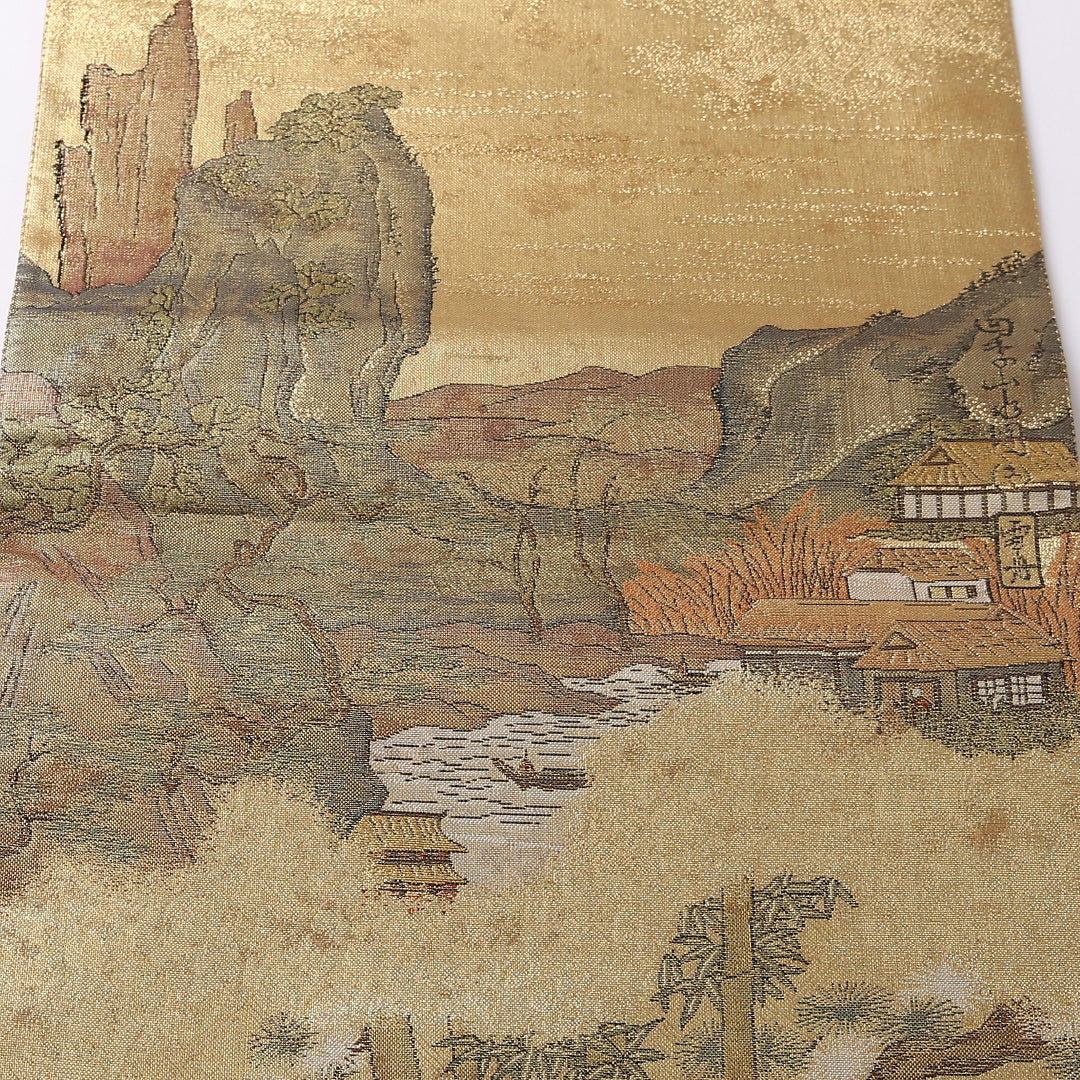 袋帯 帯丈430cm 正絹 全通 雪舟 セミフォーマル 綴れ織 四季山野 浮世絵 金系 1243-01623