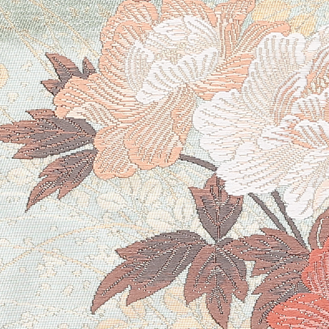 袋帯 帯丈436cm 六通 引箔 牡丹や菊 蝶 藤 振袖帯 フォーマル 緑系 正絹 Sランク 1223-00861
