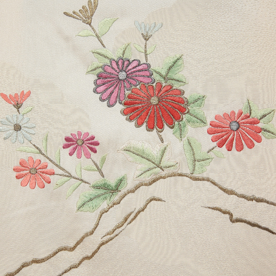 訪問着 袷 身丈161cm 裄丈63cm 正絹 Cランク セミフォーマル 広衿 Lサイズ 金駒刺繍 牡丹 松 クリーム系 LP 1217-14580