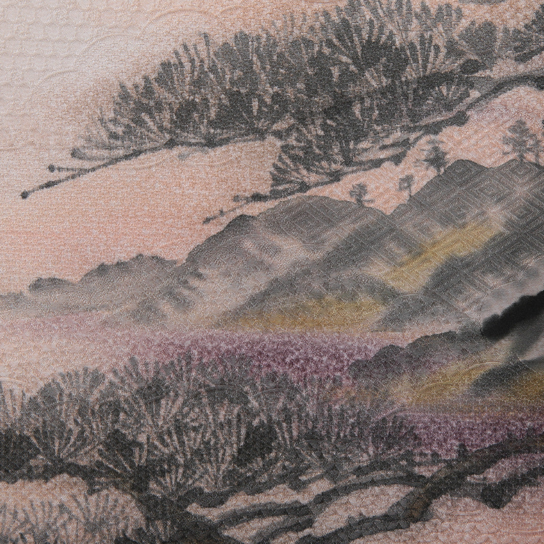 訪問着 袷 身丈155~159cm 裄63cm 正絹 ぼかし 水墨画風 松景色 山水 雄黄色 作家物 スコッチガード クリーム系 画 Bランク 1212-00620