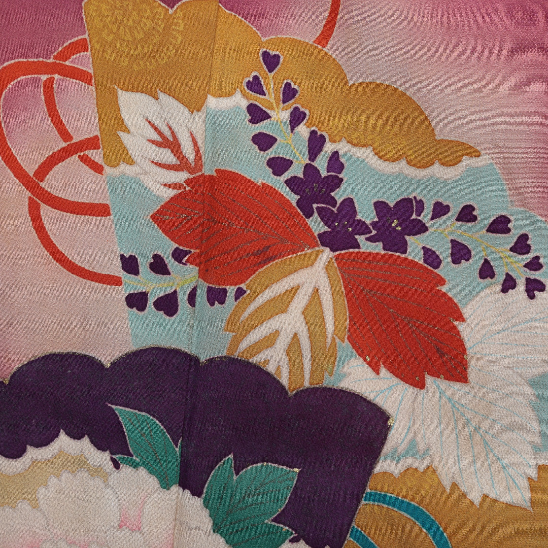 色留袖 袷 身丈148cm 裄63.5cm Cランク 正絹 広衿 アンティーク 赤系 1211-00082 1211000825112