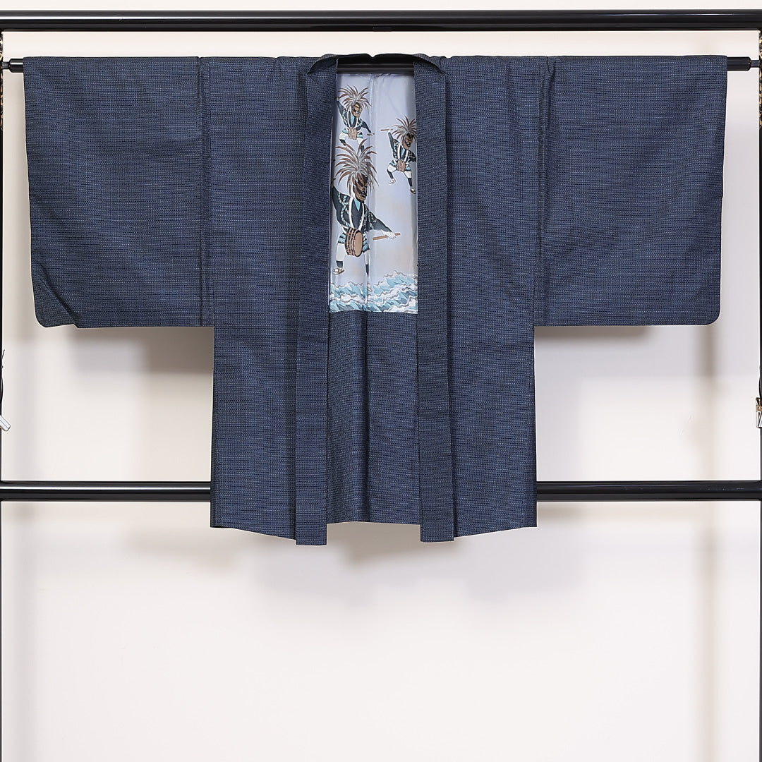 アンサンブル 男着物 (本場大島紬) 袷 身丈137cm 裄丈65cm 正絹 Sランク インフォーマル 棒衿 Sサイズ 証紙 亀甲 青系 PO 1224-06238