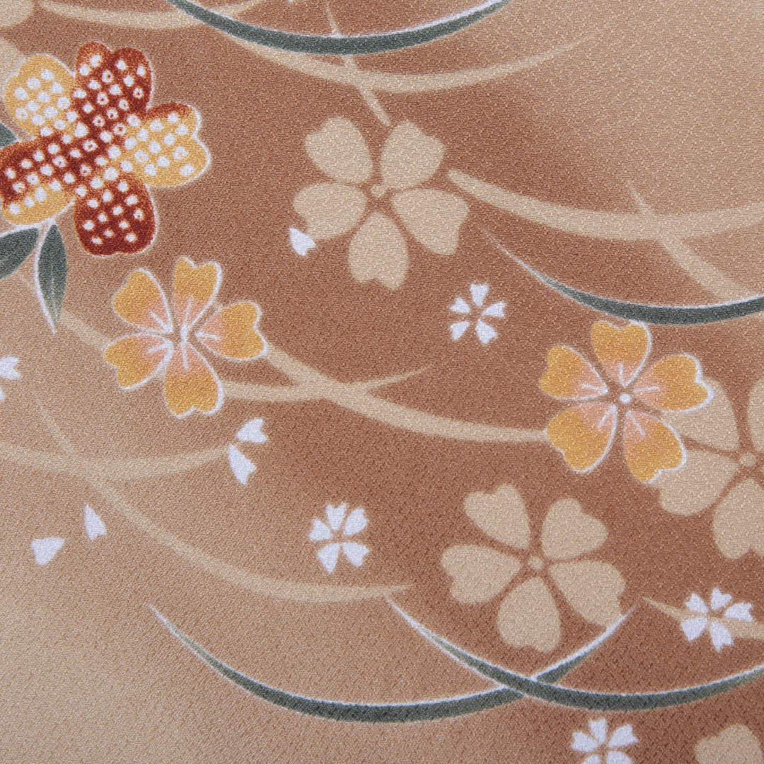 小紋 洗える着物 単衣 身丈164cm 裄丈66cm ポリエステル Aランク Lサイズ 広衿 インフォーマル 芝草 桜 茶系 1215-01188