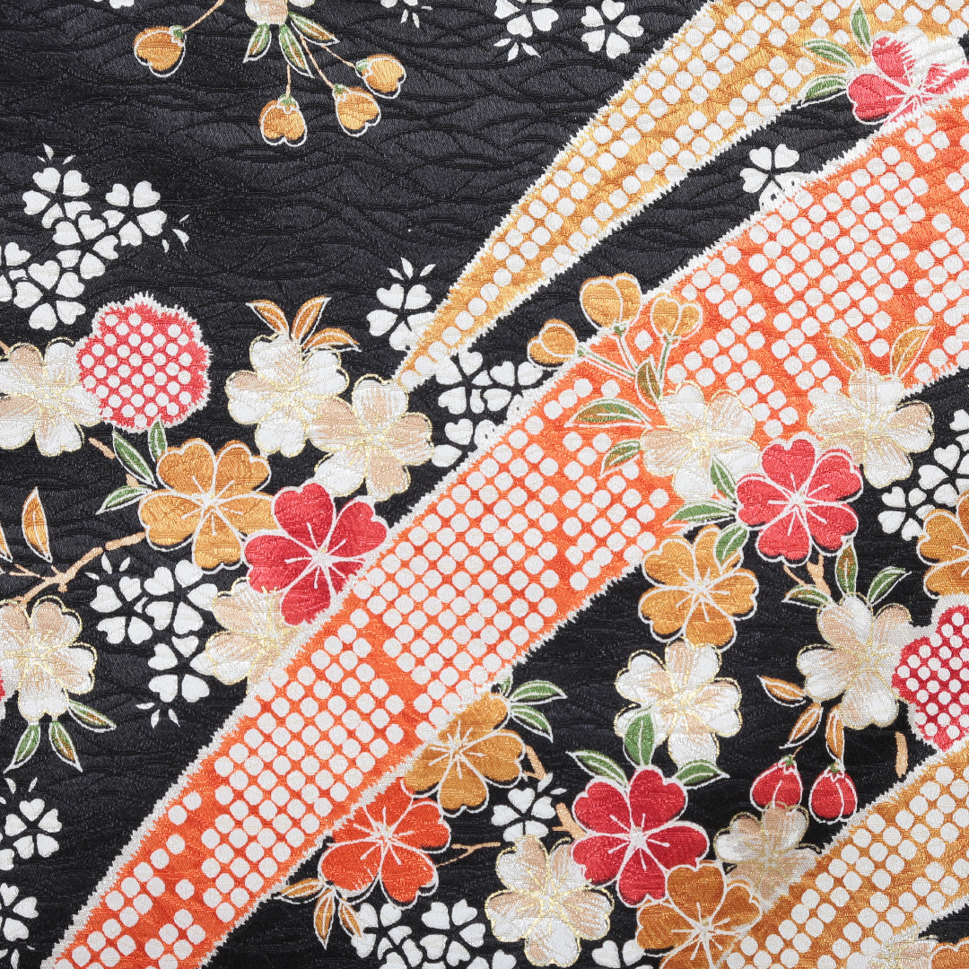 小紋 洗える着物 袷 身丈159cm 裄丈62cm ポリエステル Aランク Mサイズ 広衿 インフォーマル 古典柄 花柄 黒系 ピンク系 1215-01407