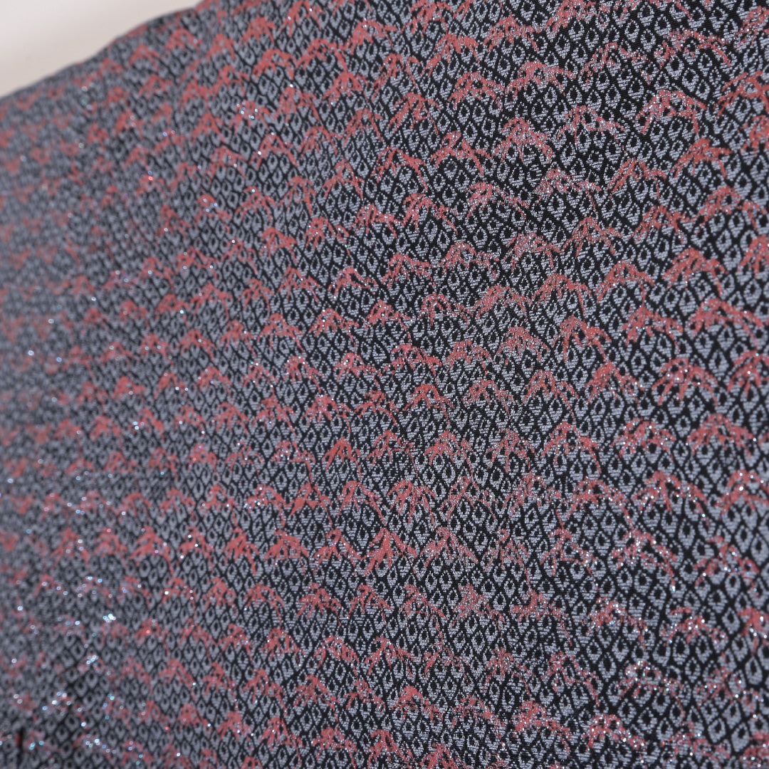 小紋 袷 身丈146cm 裄丈63cm 正絹 Sランク XSサイズ 広衿 インフォーマル 織り出し 笹 黒系 銀系 1215-02042