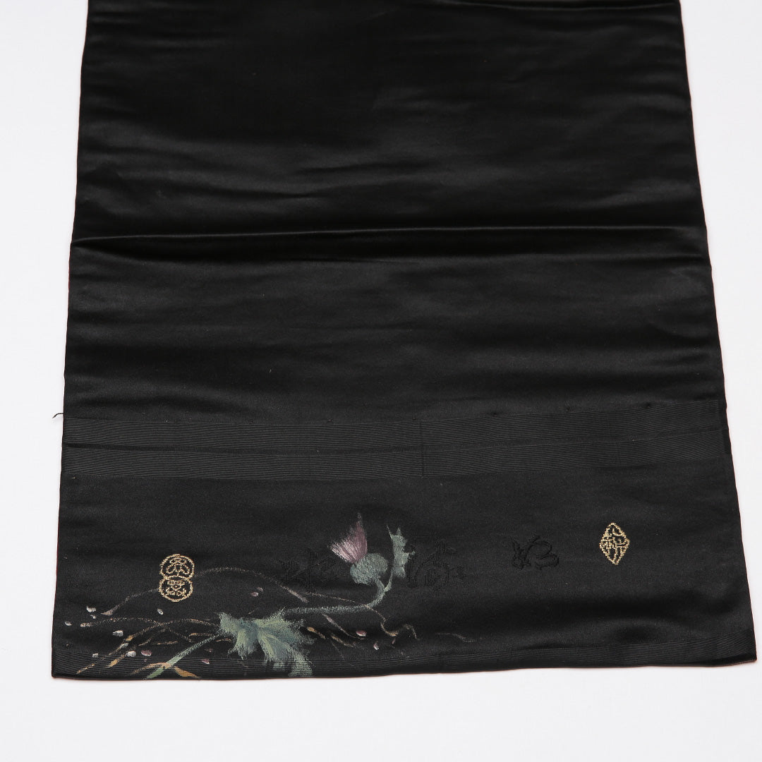 アンティーク 九寸名古屋帯 Aランク 帯丈351cm 正絹 ポイント柄 名古屋仕立て 織り 作家物 落款 花柄 黒系 RP 1245-01626