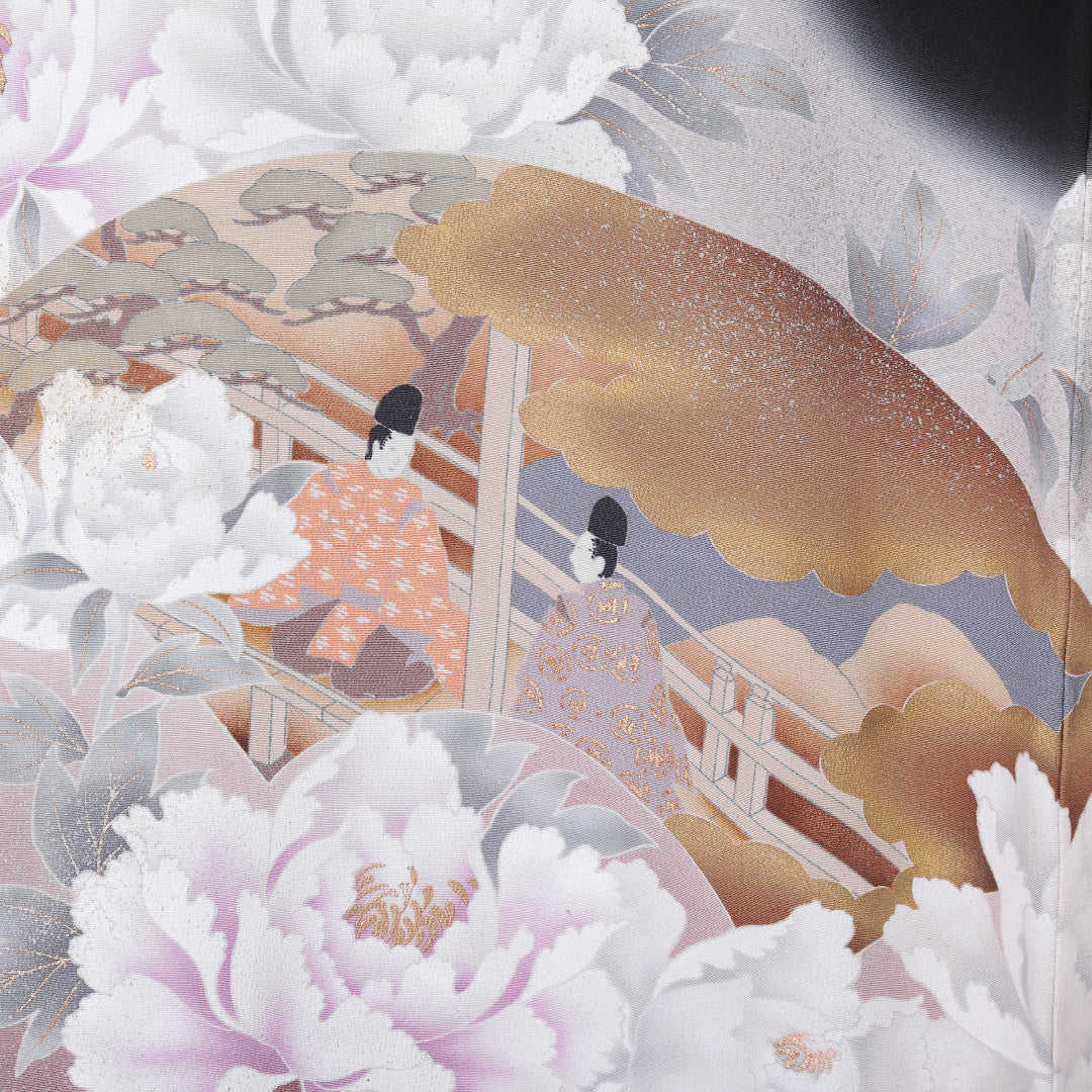 黒留袖 五つ紋 松皮菱に蔦 身丈160cm 裄丈64.5cm Sランク 正絹 袷 比翼 広衿 L 京友禅 平安絵巻 牡丹 フォーマル 黒系 1211-F0212