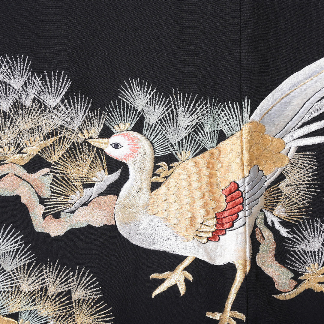 黒留袖 身丈158cm 裄丈63cm 袷 五つ紋 正絹 Aランク 広衿 比翼仕立て 橘菱 松 鴛鴦 1211-F0206