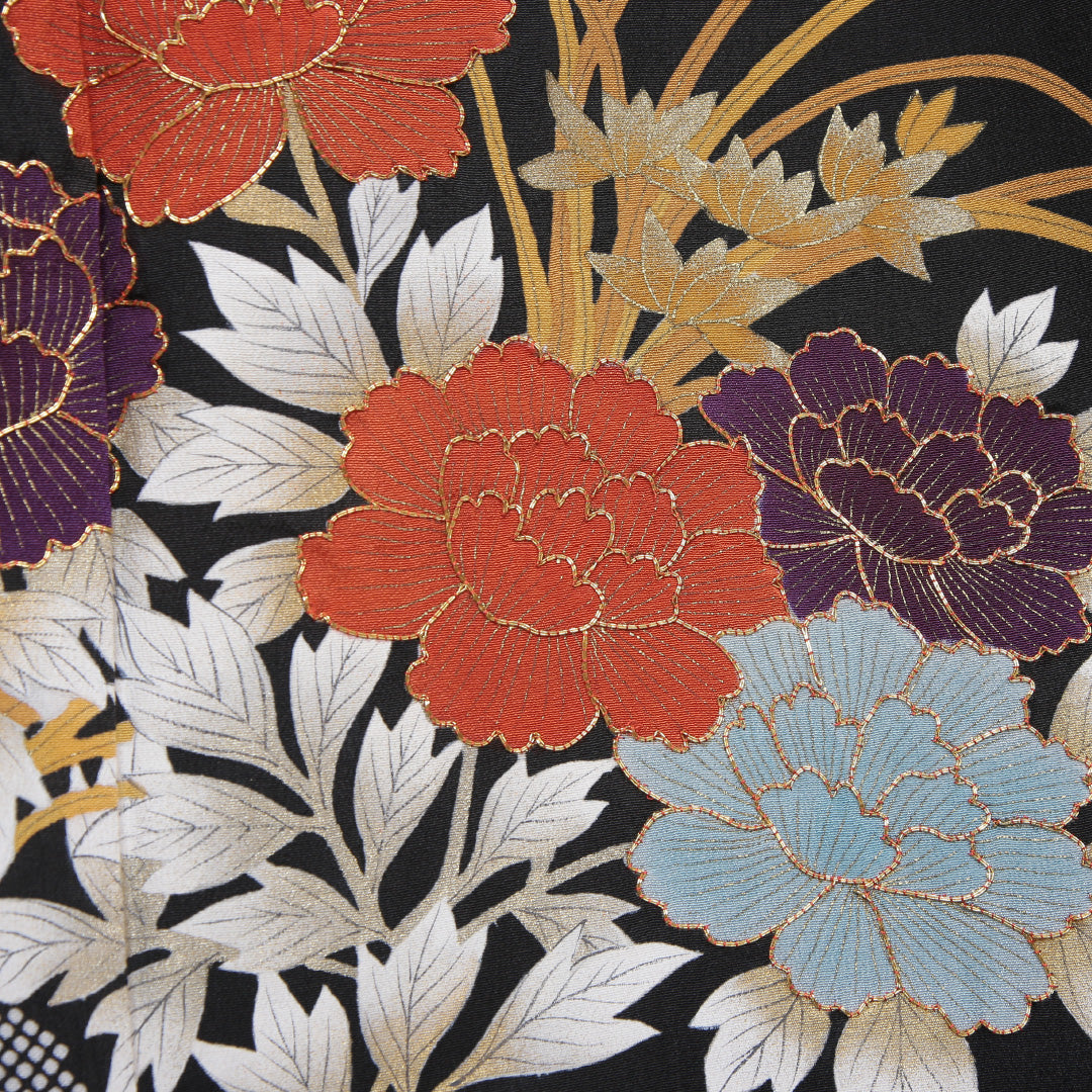 黒留袖 五つ紋 片喰 身丈157cm 裄丈64cm Sランク 正絹 袷 広衿 M 金駒刺繍 金箔 石庭 牡丹 笹 フォーマル 黒系 1211-F0155