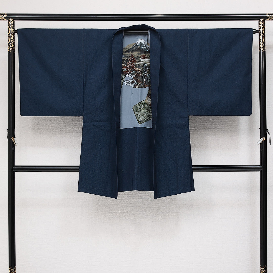アンサンブル 洗える着物 ウールの男着物 単衣 身丈146cm 裄丈66cm ウール Aランク カジュアル 棒衿 Lサイズ 無地 紺系 RP 1224-14581