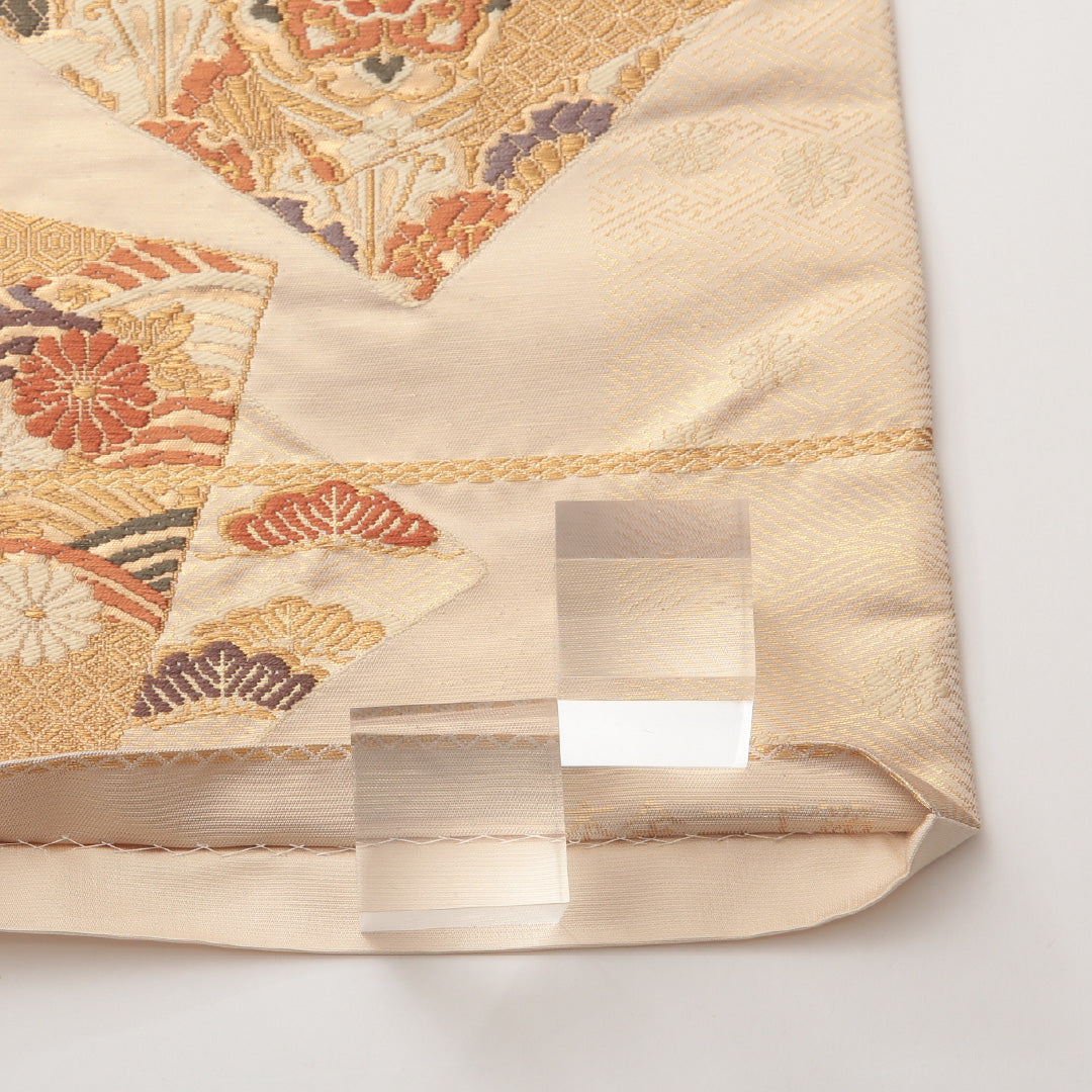 本金二重箔 袋帯 全通 帯丈422cm フォーマル Aランク 正絹 金箔 色紙 宝相華 吉祥文様 ベージュ系 1223-01470