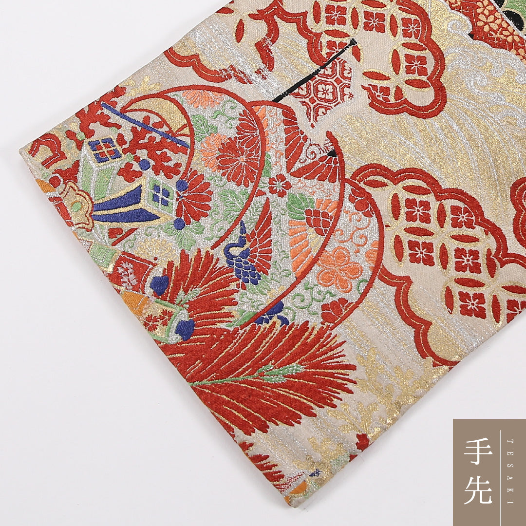 吉祥文様 アンティーク 丸帯 帯丈368cm 正絹 全通 クリーム系 1243-02605