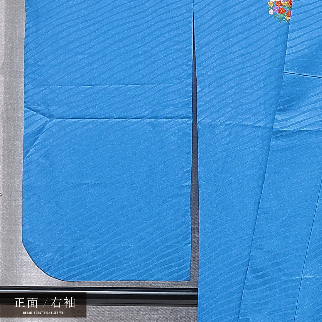 洗える着物 小振袖 袷 身丈172cm 裄丈67cm ポリエステル Sランク セミフォーマル 広衿 2XLサイズ 刺繍 牡丹 菊 青系 RP 1216-07054