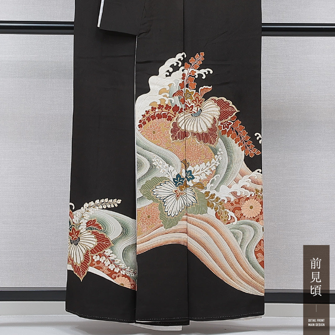 黒留袖 袷 身丈157cm 裄丈62cm 正絹 Cランク 五つ紋 (六角に三つ引き) フォーマル 広衿 Mサイズ 刺繍 比翼 波頭 桐 黒系 LP 1213-07011