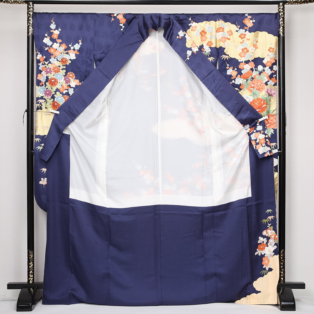 振袖 袷 身丈173cm 裄丈69cm 正絹 Sランク フォーマル 広衿 2XLサイズ 金彩 刺繍 エ霞 花柄 流水 紺系 RP 1215-06780