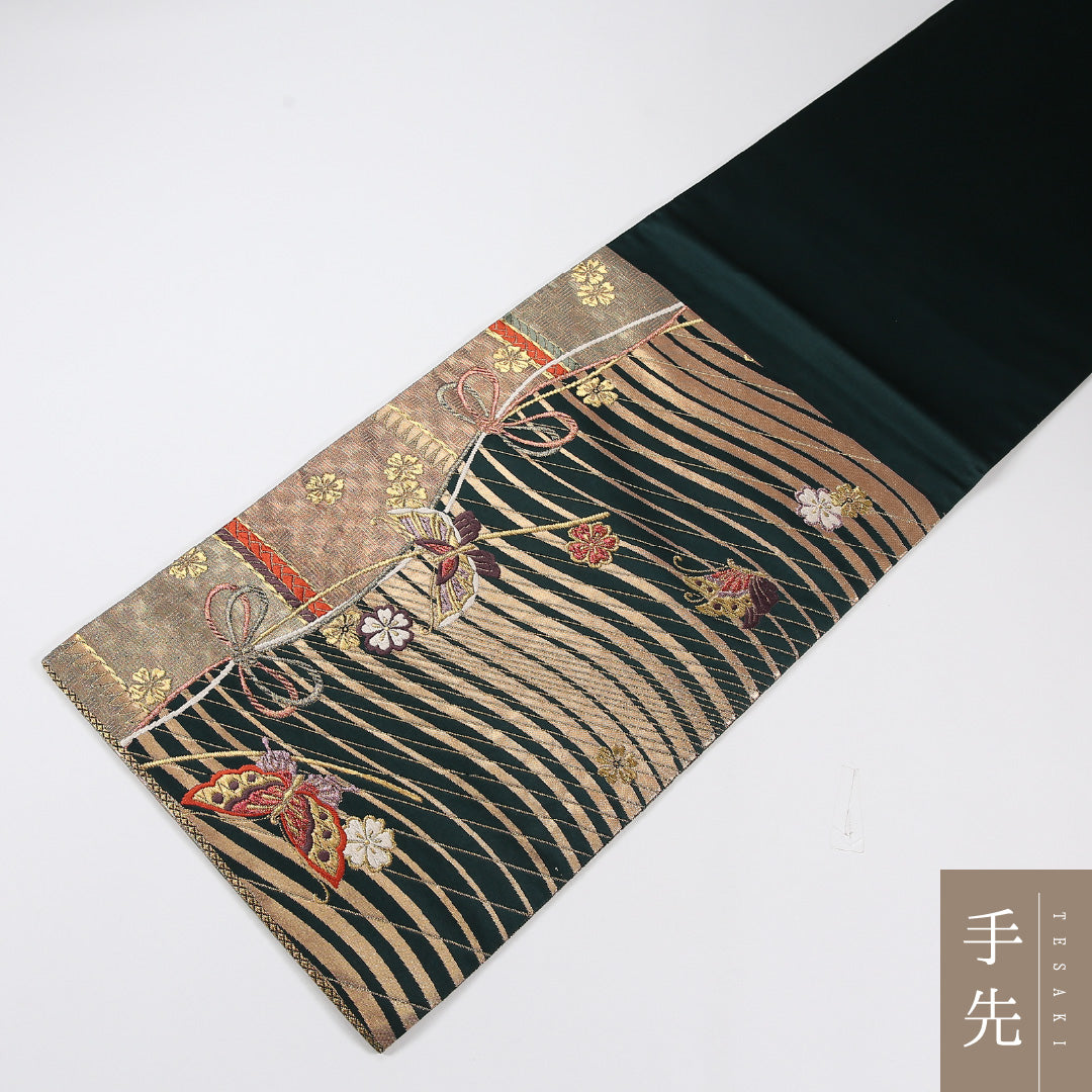 蝶 袋帯 帯丈424cm 正絹 六通 フォーマル 緑系 黒系 1243-02597