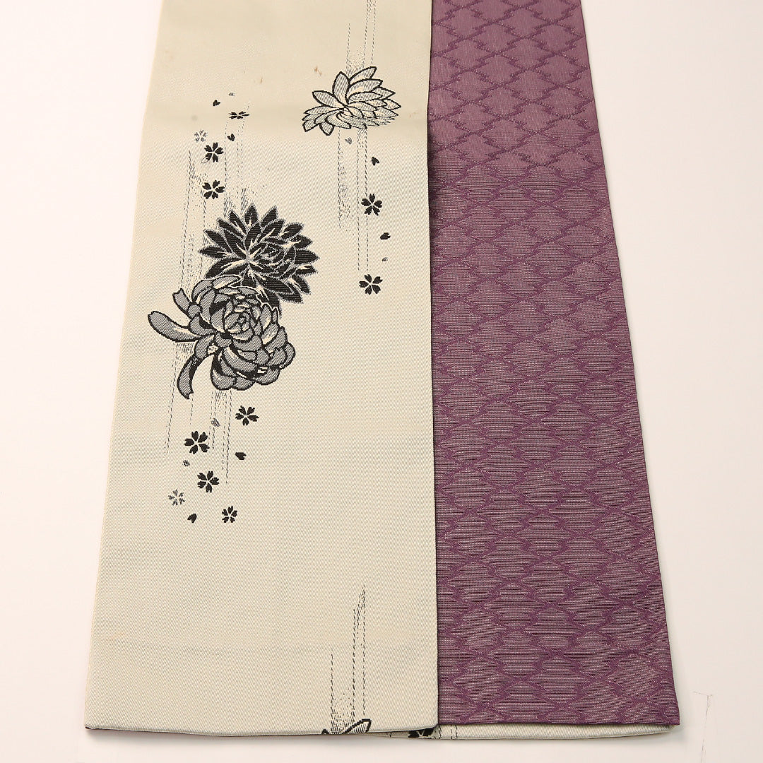 半幅帯 帯丈392cm 正絹 全通 小袋帯 カジュアル 菊 クリーム系 1247-00757