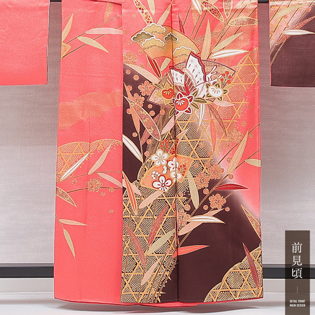 振袖 袷 身丈160cm 裄丈64cm 正絹 Sランク フォーマル 広衿 Lサイズ 蝶 光悦垣 ピンク系 RP 1215-07048