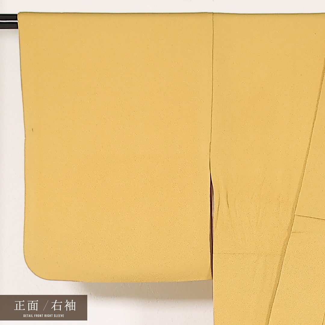 色無地 (ちりめん) 袷 身丈160cm 裄丈64cm 正絹 Aランク 一つ紋 (蔦) セミフォーマル 広衿 Sサイズ 紐あり ちりめん 黄系 RP 1219-17482