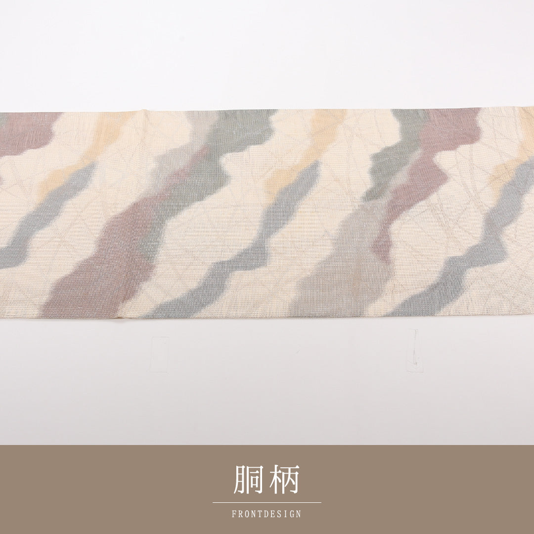 夏物 袋帯 帯丈428cm 正絹 六通 インフォーマル 創作柄 ガード加工 クリーム系 1243-02513