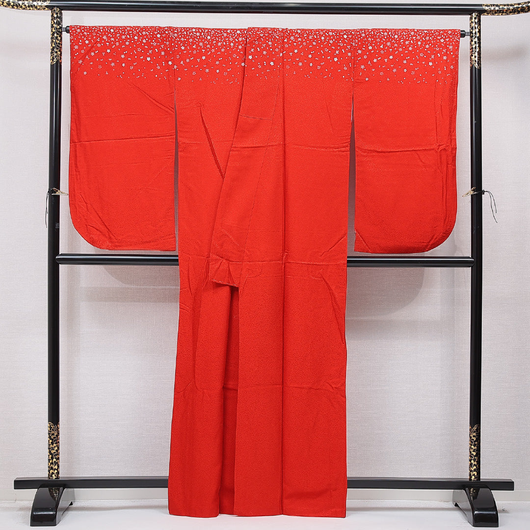 洗える着物 小振袖 袷 身丈163cm 裄丈67cm ポリエステル Sランク セミフォーマル 広衿 Lサイズ 桜 赤系 RP 1216-07038