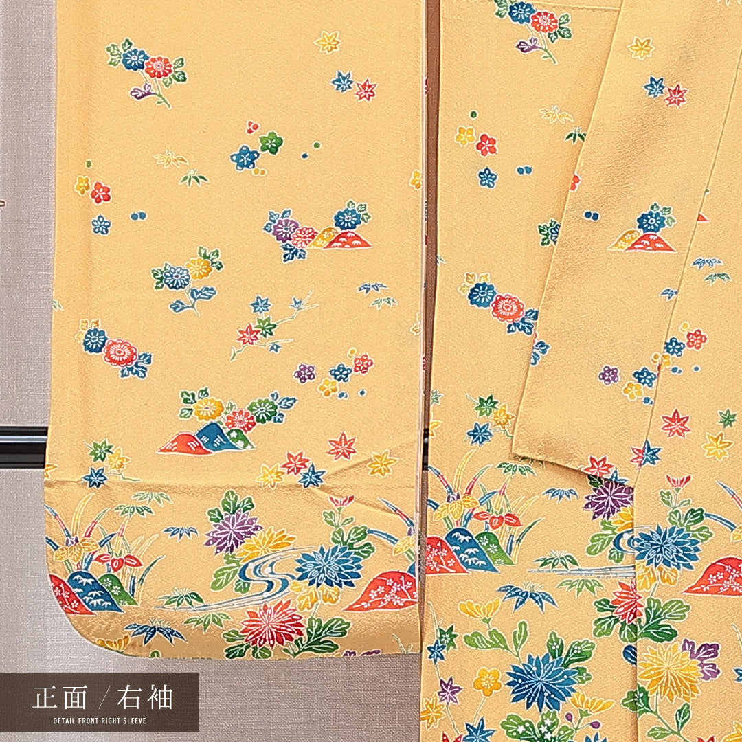 洗える着物 振袖 袷 身丈160cm 裄丈64cm ポリエステル Cランク フォーマル 広衿 Lサイズ 菊 紅葉 黄系 HP 1215-06990