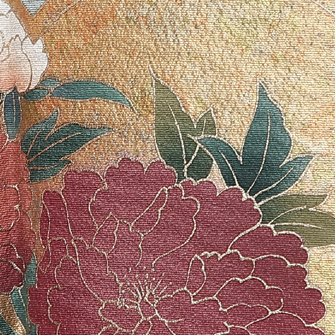 色留袖 身丈153cm 裄丈66.5cm 袷 一つ紋 三つ柏 正絹 Aランク 広衿 金箔 牡丹 桜 1211-F0415