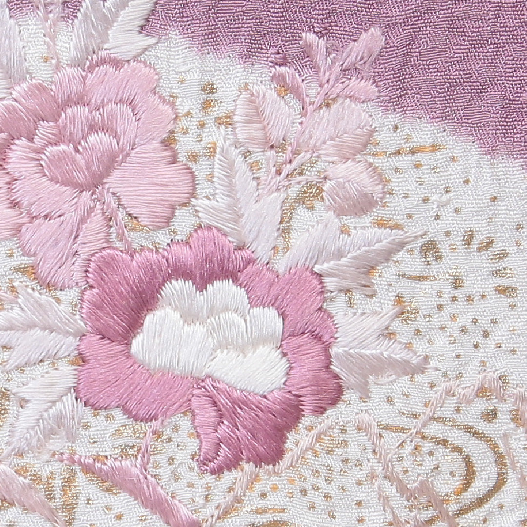 訪問着 袷 身丈159cm 裄丈64cm 正絹 Bランク セミフォーマル 広衿 Mサイズ 絞り 金彩 刺繍 扇 牡丹 ピンク系 HP 1217-04539