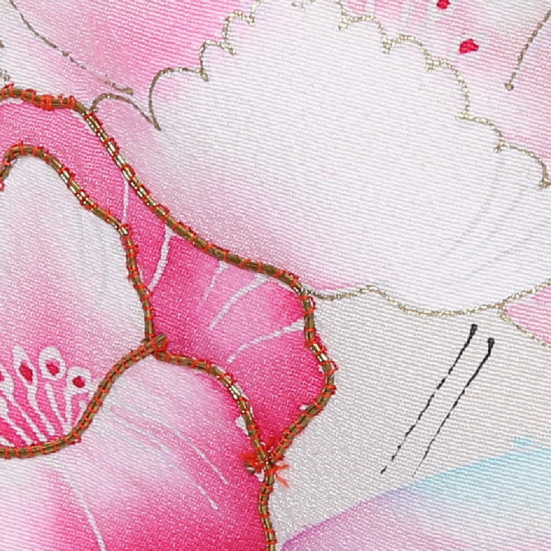 訪問着 袷 身丈161cm 裄丈62cm 正絹 Cランク Lサイズ 広衿 セミフォーマル 牡丹 金駒刺繍 クリーム系 1212-04478