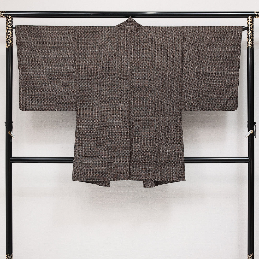 アンサンブル 男着物 (大島紬) 袷 身丈128cm 裄丈66cm 正絹 Aランク インフォーマル 棒衿 XSサイズ 泥染め 有馬 茶系 RP 1224-14534