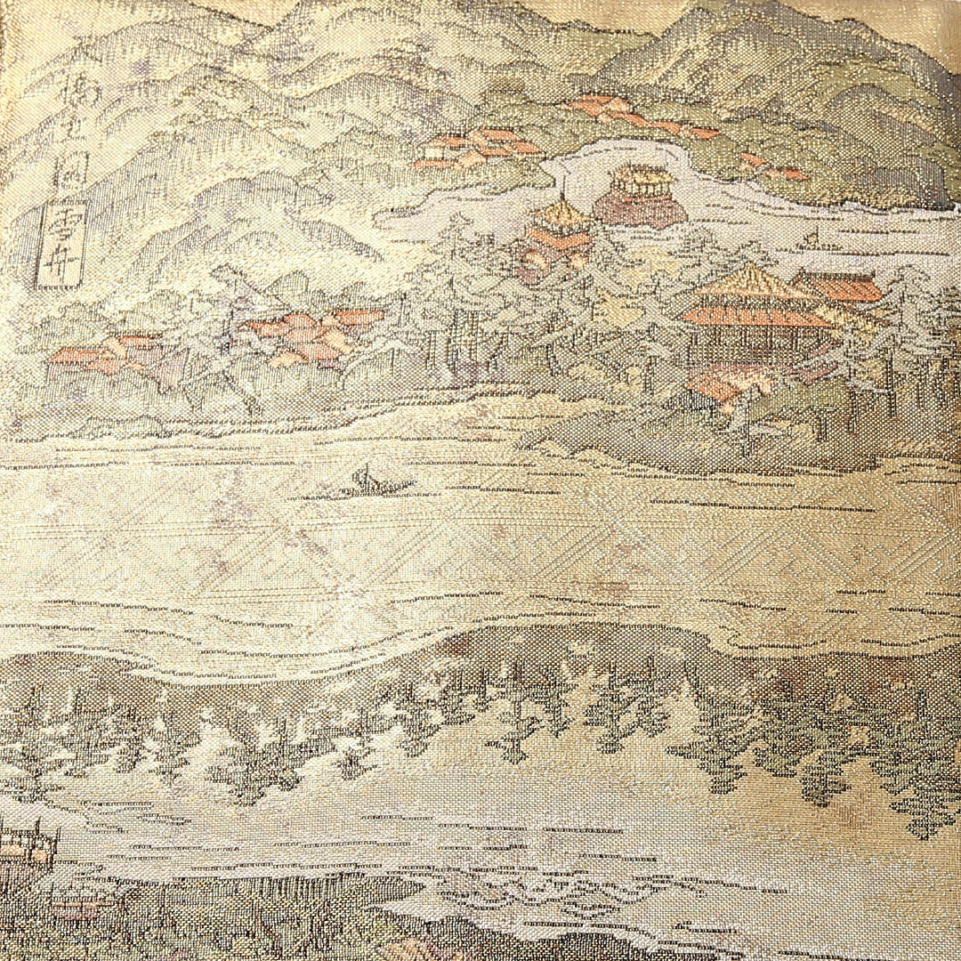 袋帯 帯丈430cm 正絹 全通 雪舟 セミフォーマル 綴れ織 四季山野 浮世絵 金系 1243-01623