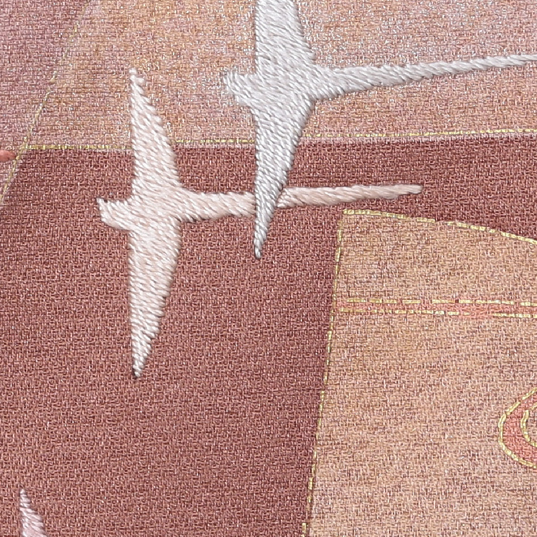 訪問着 袷 身丈156cm 裄丈63cm 正絹 Sランク Mサイズ 広衿 セミフォーマル 鳥 扇 引箔 刺繍 茶系 1212-04487