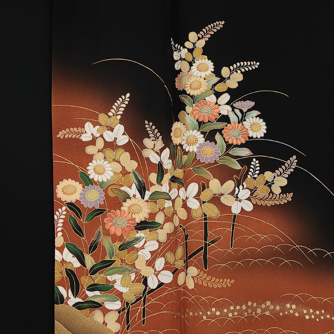 黒留袖 五つ紋 向い蝶 京友禅の巨匠 松井青々 作 身丈154cm 裄丈60.5cm Sランク 正絹 袷 広衿 S タタキ染 蘇州刺繍 石庭 フォーマル 幻想的 落ち着き 黒系 1211-F0620