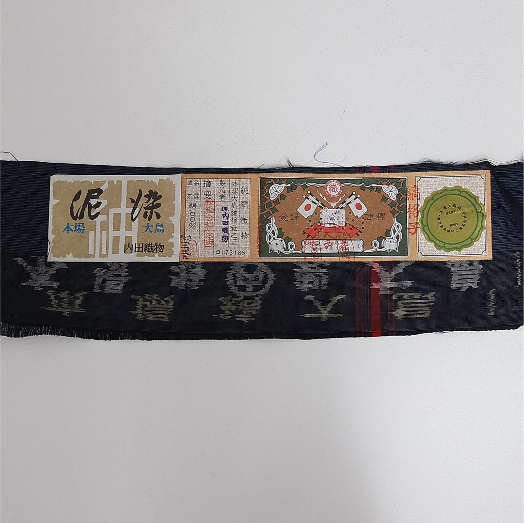 道行コート (本場大島紬) 袷 身丈87cm 裄丈66cm 正絹 Sランク セミフォーマル Mサイズ 泥染 ポケットあり 証紙 縞 紺系 PO 1237-12585