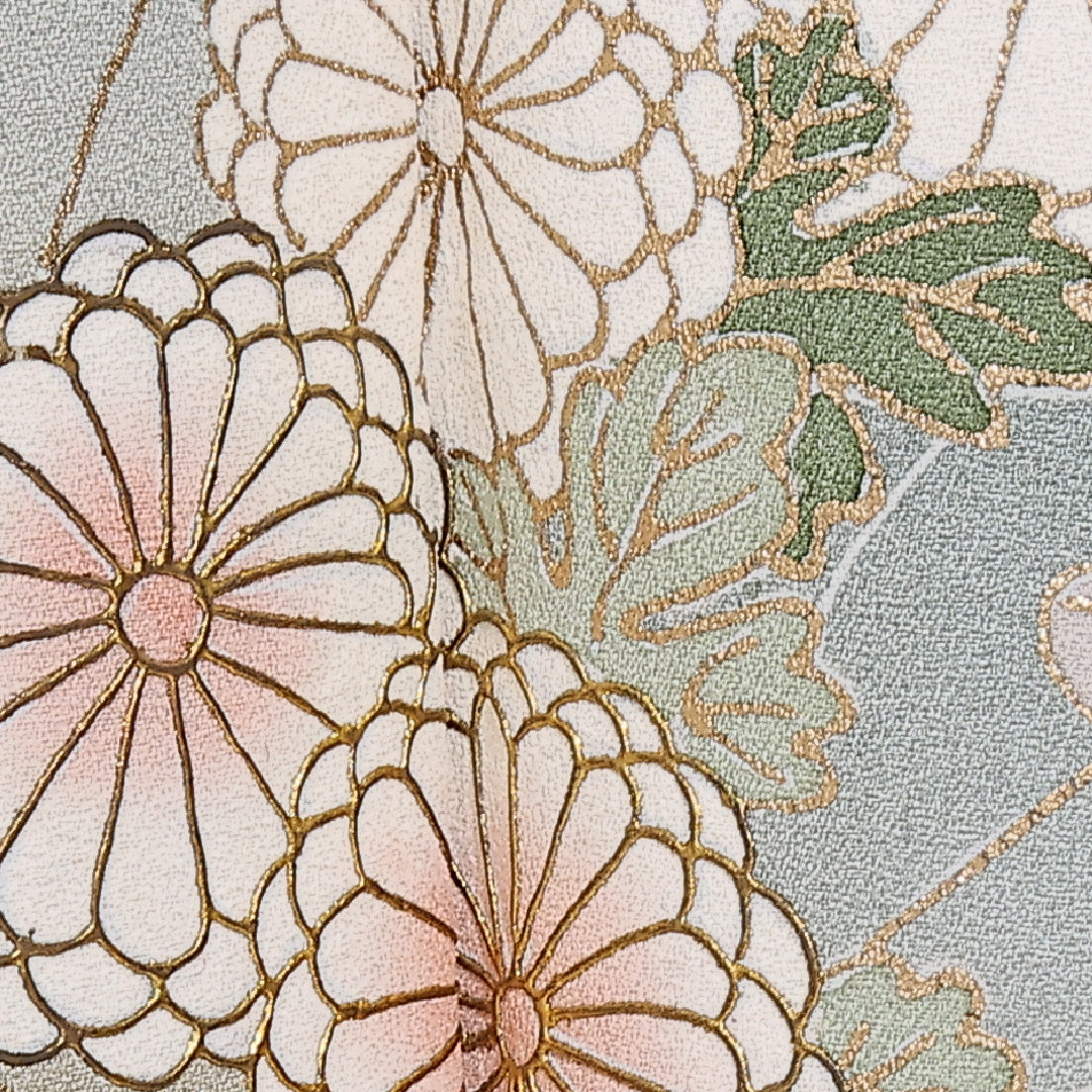 色留袖 身丈159cm 裄丈64cm Sランク 正絹 袷 広衿 M エ霞 菊 ぼかし 金彩 セミフォーマル 緑系 1211-F0290