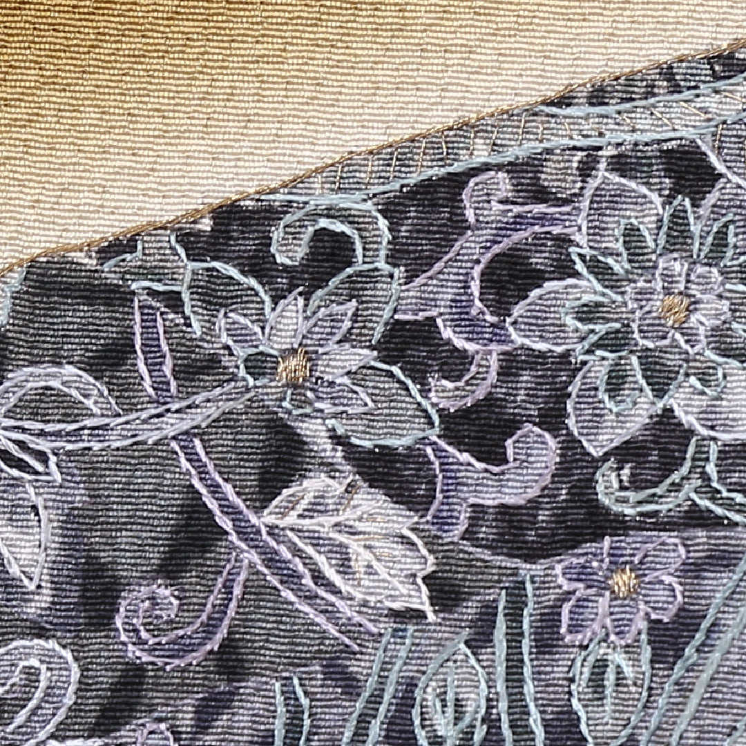 訪問着 袷 身丈163cm 裄丈65cm 正絹 賢三 Sランク Lサイズ 広衿 セミフォーマル 唐草華文 牡丹 蘇州刺繍 作家物 落款 茶系 黄系 1212-04473