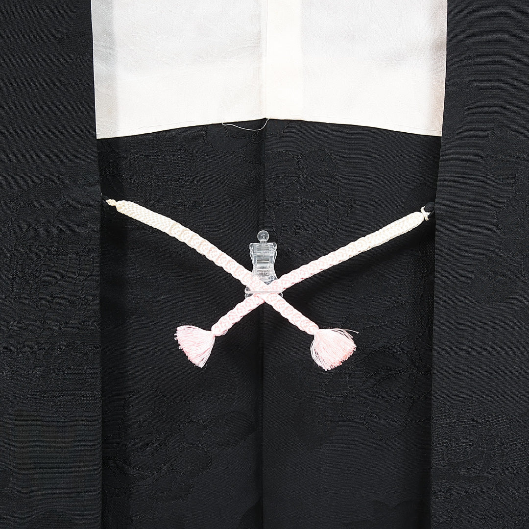 黒羽織 袷 身丈73cm 裄丈64cm 正絹 Aランク 一つ紋 (五三桐) 紋意匠 (薔薇) セミフォーマル Mサイズ 紐あり 黒系 RP 1233-14748