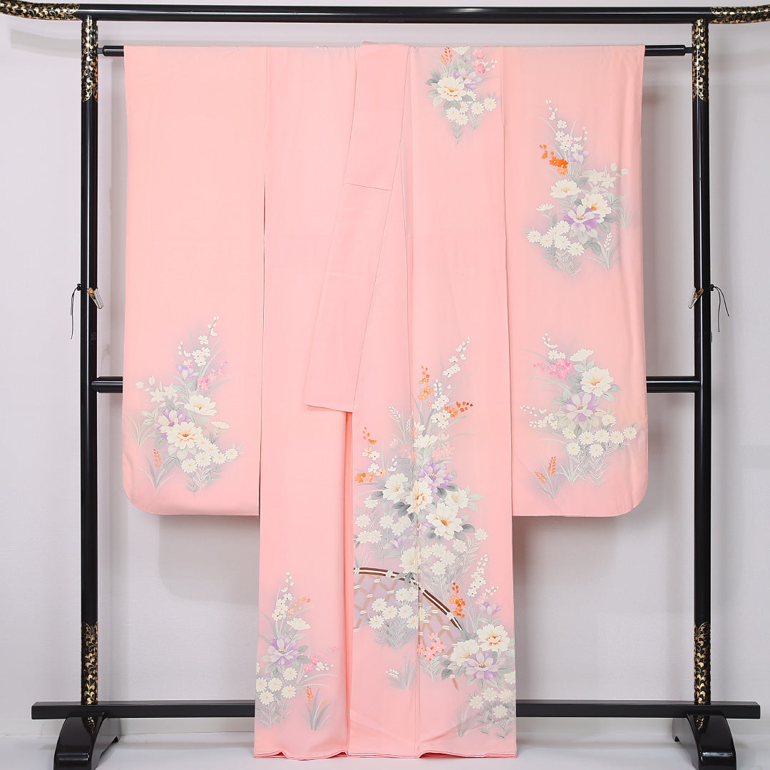 振袖 袷 身丈164cm 裄丈63cm 正絹 Sランク フォーマル 広衿 Lサイズ 牡丹 ピンク系 RP 1215-06772