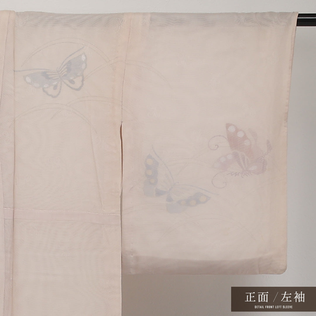 夏物 小紋 二重紗 身丈163cm 裄丈66cm 正絹 Aランク インフォーマル 広衿 Lサイズ 蝶 芝草 ベージュ系 RP 1221-17330