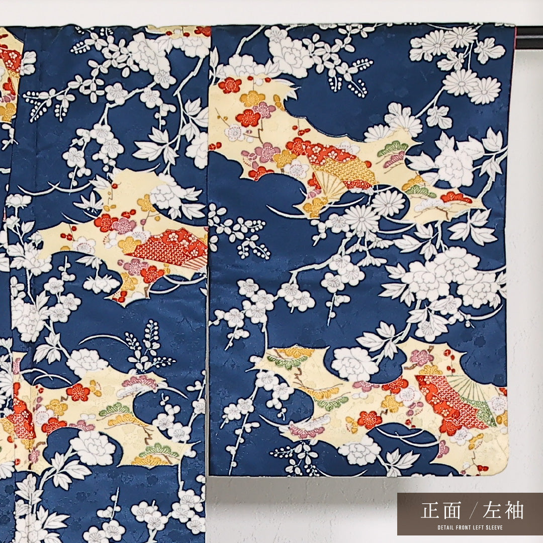洗える着物 小紋 袷 身丈151cm 裄丈62cm ポリエステル Sランク インフォーマル 広衿 XLサイズ 花扇 青系 RP 1221-17428
