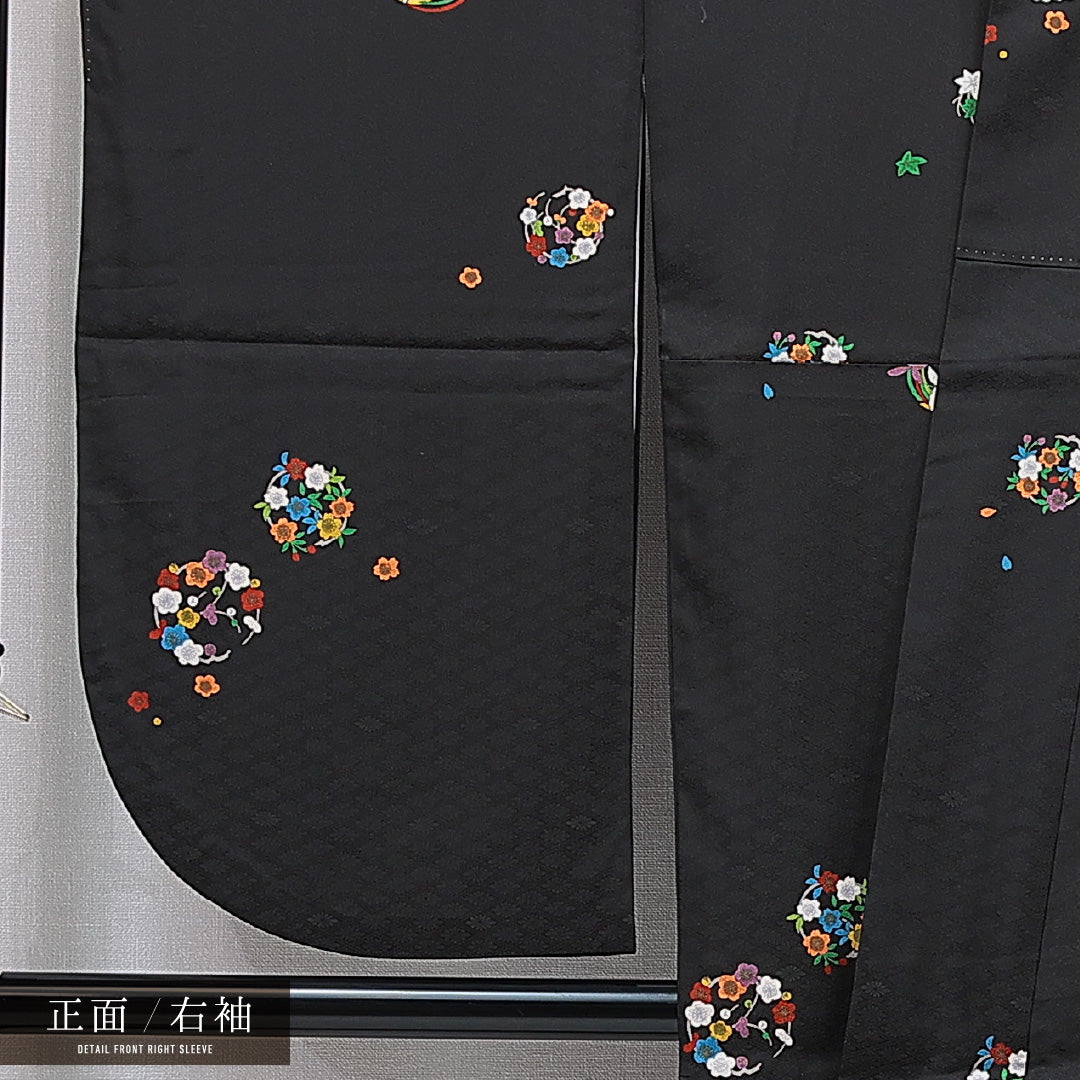 洗える着物 振袖 袷 身丈165cm 裄丈68cm ポリエステル Sランク 紋意匠 (花菱) フォーマル 広衿 XLサイズ 丸文 黒系 RP 1215-07046