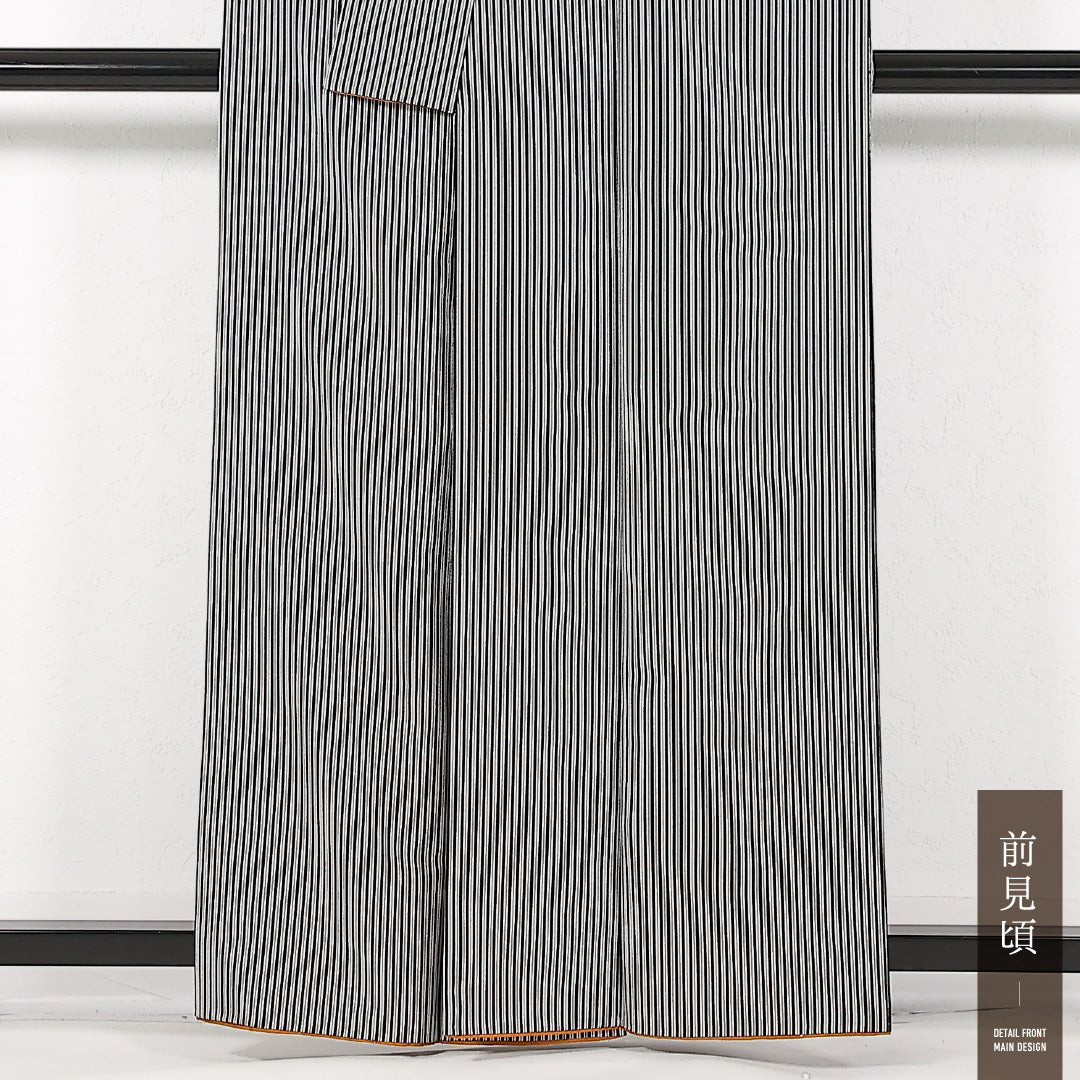 洗える着物 小紋 袷 身丈159cm 裄丈65cm ポリエステル Sランク インフォーマル 広衿 Mサイズ 縞 黒系 RP 1221-17430