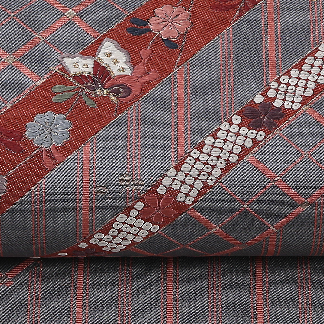 蝶 袋帯 帯丈430cm 正絹 六通 セミフォーマル グレー系 白系 1243-02623