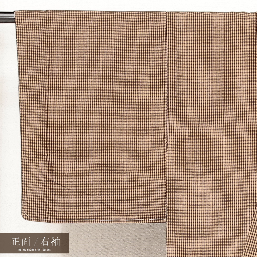 アンティーク 紬 袷 身丈142cm 裄丈62cm 正絹 Cランク バチ衿 XSサイズ 格子 茶系 RP 1223-17207