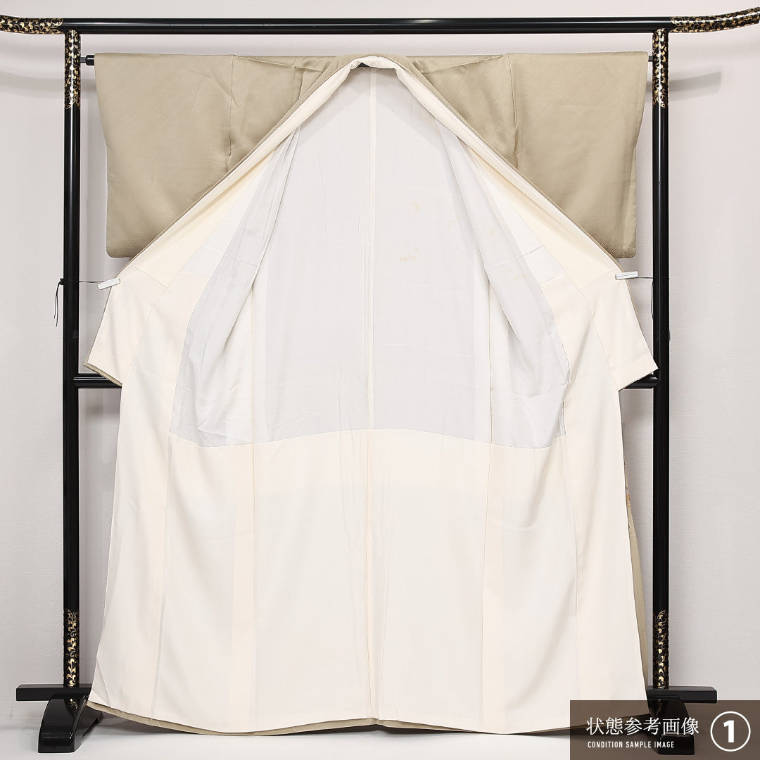 色留袖 袷 身丈165cm 裄丈65cm 正絹 Bランク 五つ紋 (丸に五三桐) フォーマル 広衿 XLサイズ 刺繍 比翼 松 金系 RP 1214-06820