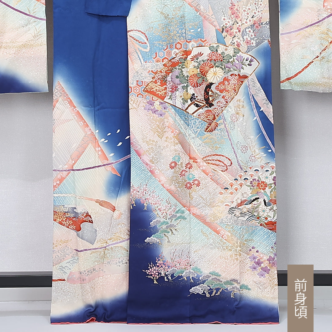 振袖 袷 身丈164cm 裄丈67cm 正絹 Sランク フォーマル 広衿 Lサイズ 刺繍 扇 菊 青系 RP 1215-06713