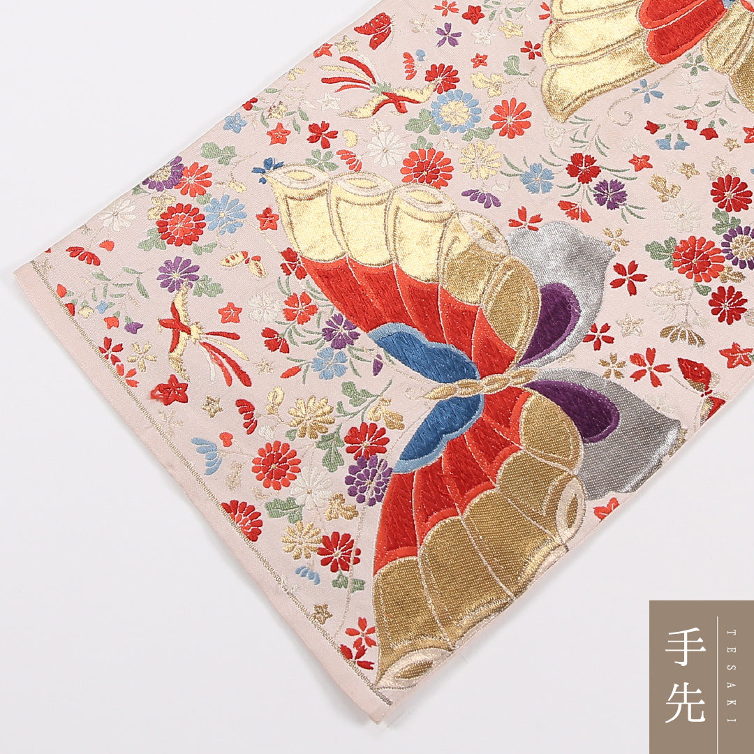 蝶 袋帯 帯丈424cm 正絹 六通 セミフォーマル 菊 クリーム系 ピンク系 1243-02612