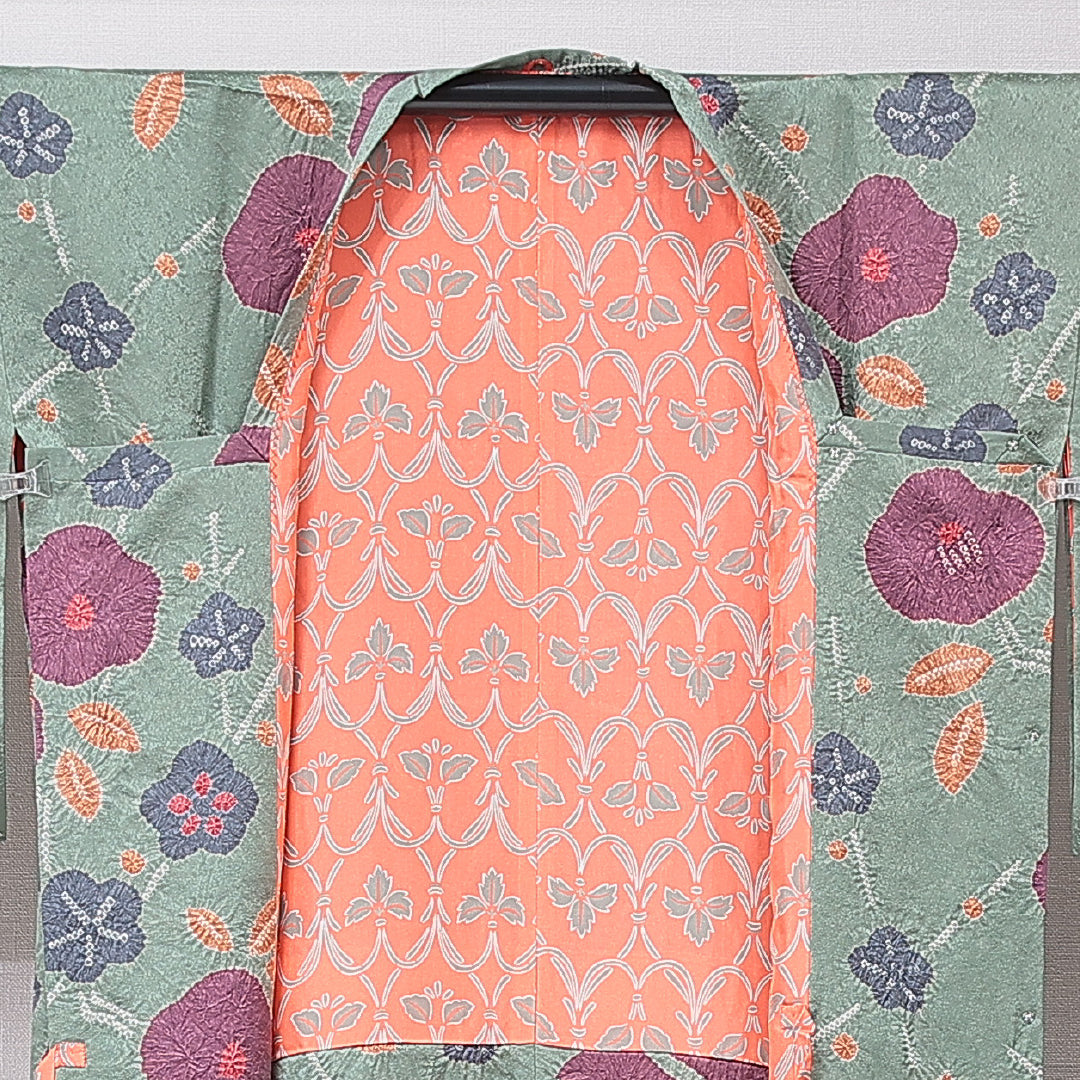 道行コート 袷 身丈90cm 裄丈67cm 正絹 Sランク フォーマル Mサイズ 絞り 椿 可憐 ポップ 緑系 RP 1237-16786