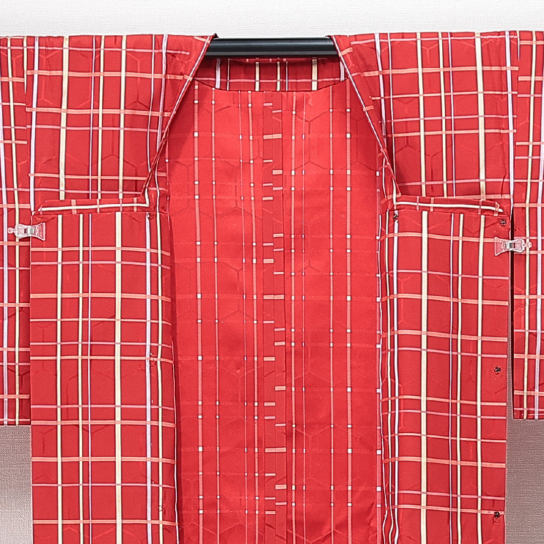 道行コート 袷 身丈128cm 裄丈62cm 正絹 Sランク セミフォーマル Sサイズ ポケットあり 格子 赤系 RP 1237-14838
